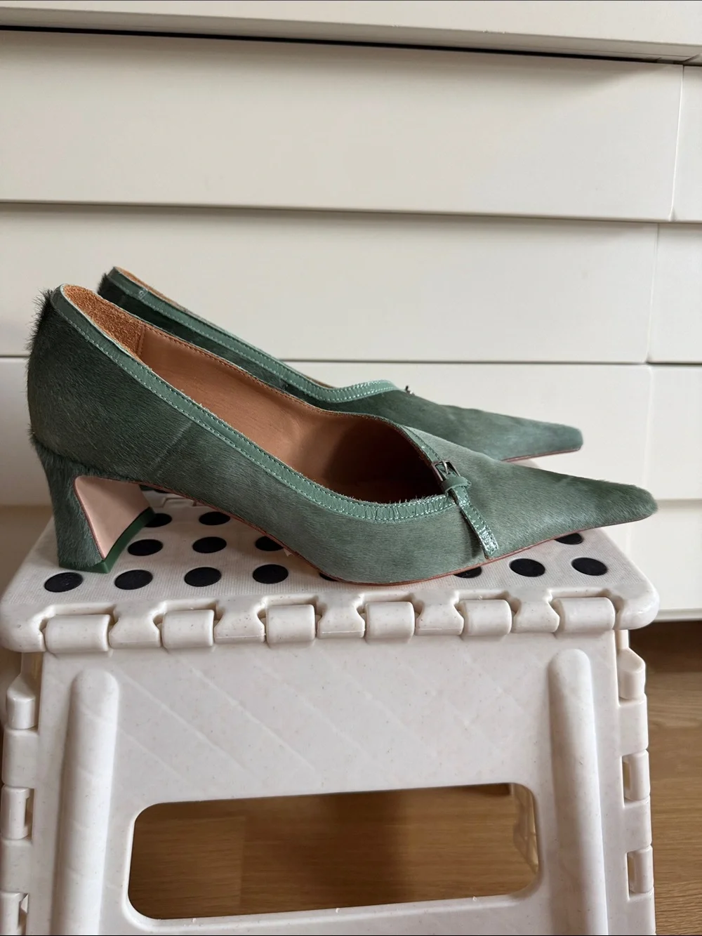 Miista Sage Green Suede Pointed Toe Mid-Heel Pumps